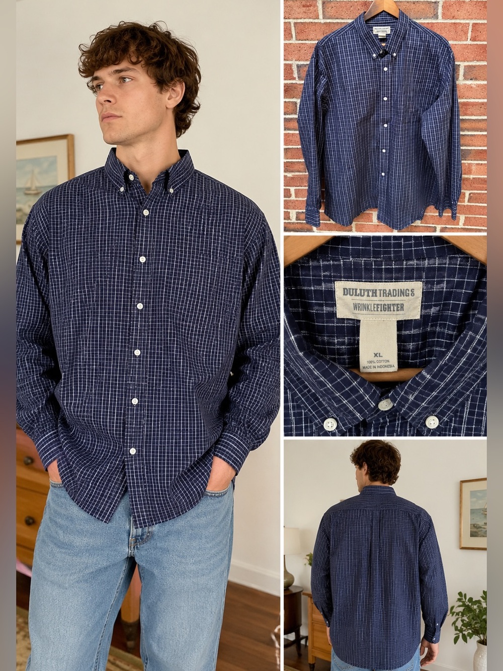 Duluth Trading Wrinkle Fighter Button Down Shirt XL Navy Plaid 100% Cotton